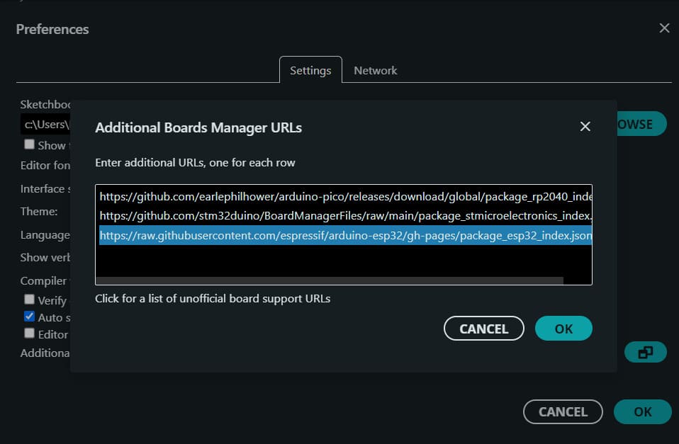 ESP32 board manager URL